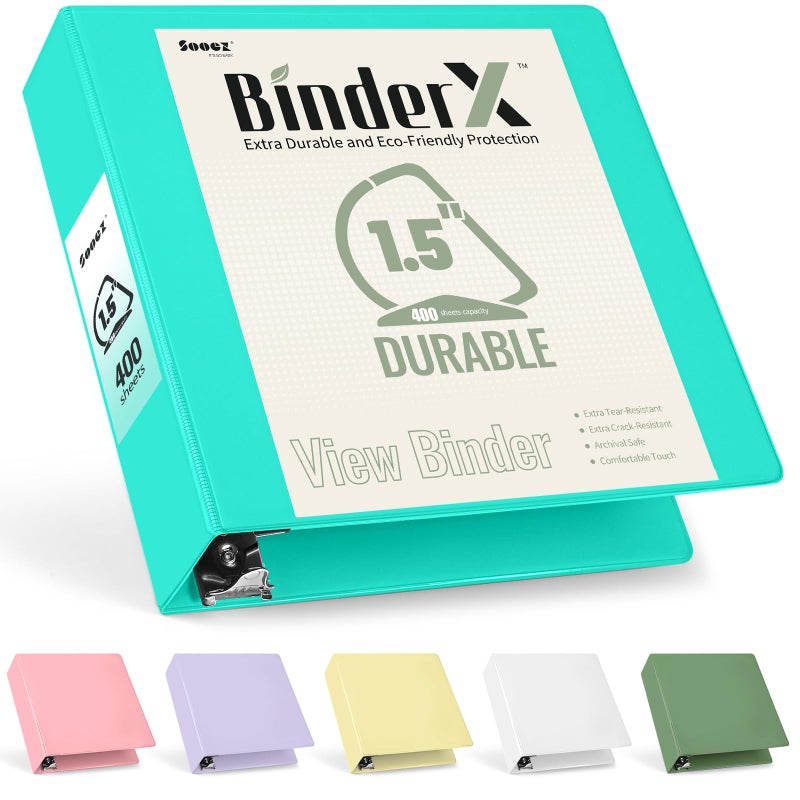 سويز مجلد Sooez BinderX شديد التحمل بثلاث حلقات، مقاس 1.5 بوصة، يتسع لـ 400 ورقة مقاس 8.5 × 11 بوصة، غلاف قابل للتخصيص مع جيوب داخلية، مجلد شديد التحمل للمدرسة، لون أزرق مخضر - Image 1